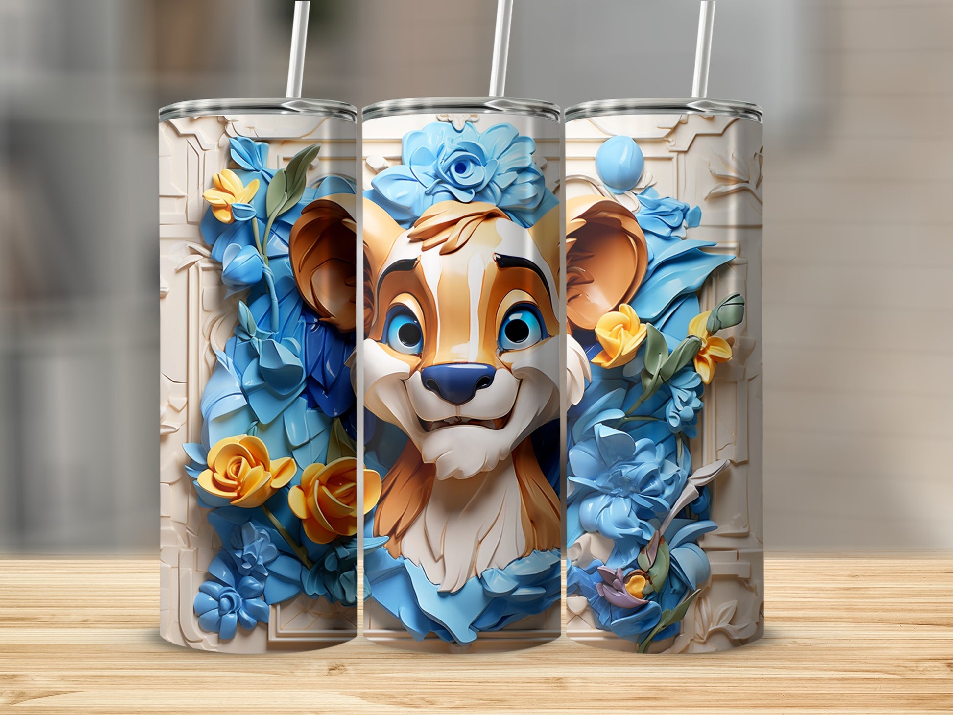 Cute Cartoon Lion Surrounded By Colorful Floral Artwork