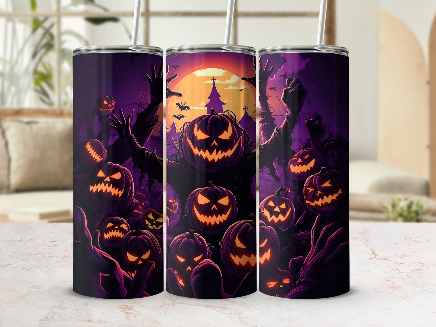 Three tumblers with a spooky Halloween design featuring jack-o'-lanterns and dark figures.