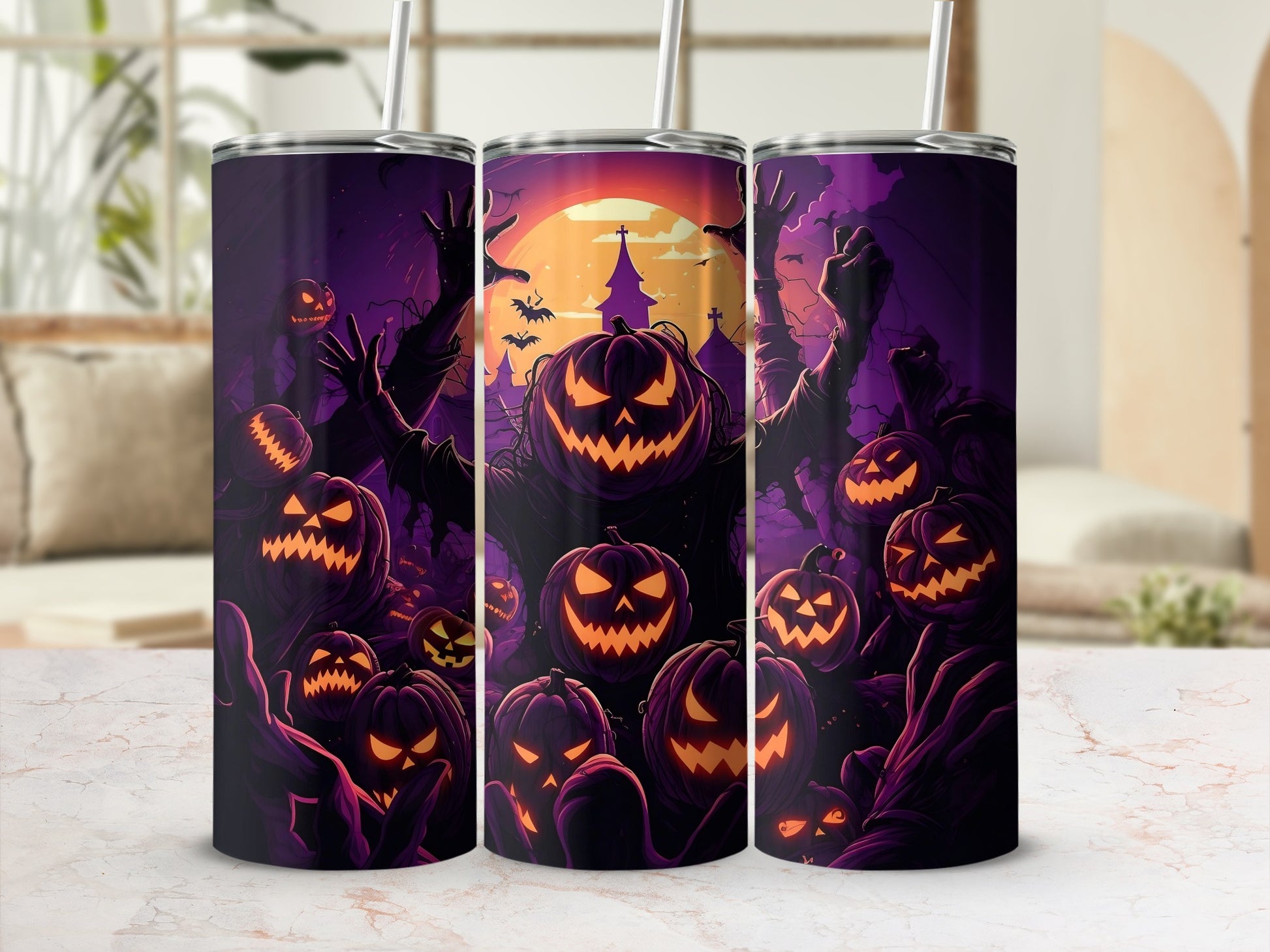 Three tumblers with a spooky Halloween design featuring jack-o'-lanterns and dark figures.