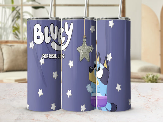 Bluey tumbler with stars and text "Bluey for Real Life".