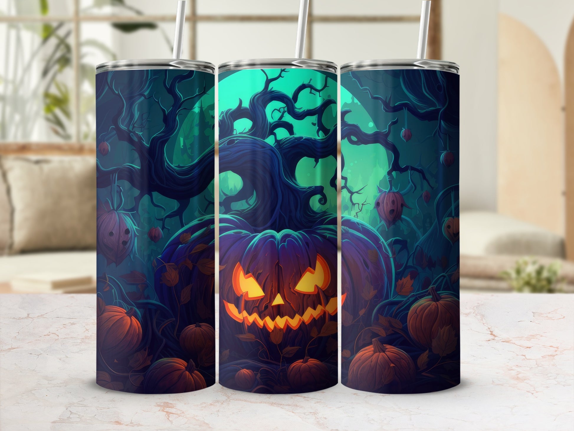 Halloween themed tumblers featuring a jack-o'-lantern and spooky trees.