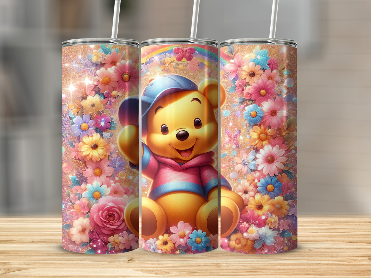 Pooh Flowers Rainbow Glitter Background Design Tumblers