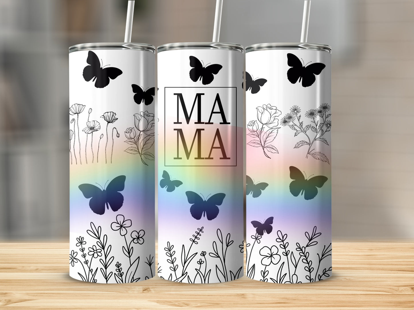 Colorful Butterfly and Flowers Design Mama Tumbler