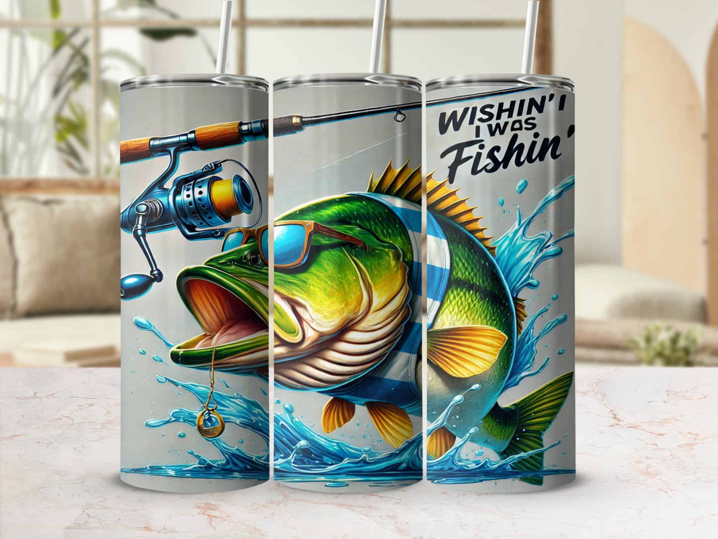 Wishin' I Was Fishin' Tumbler with Fishing Rod Print