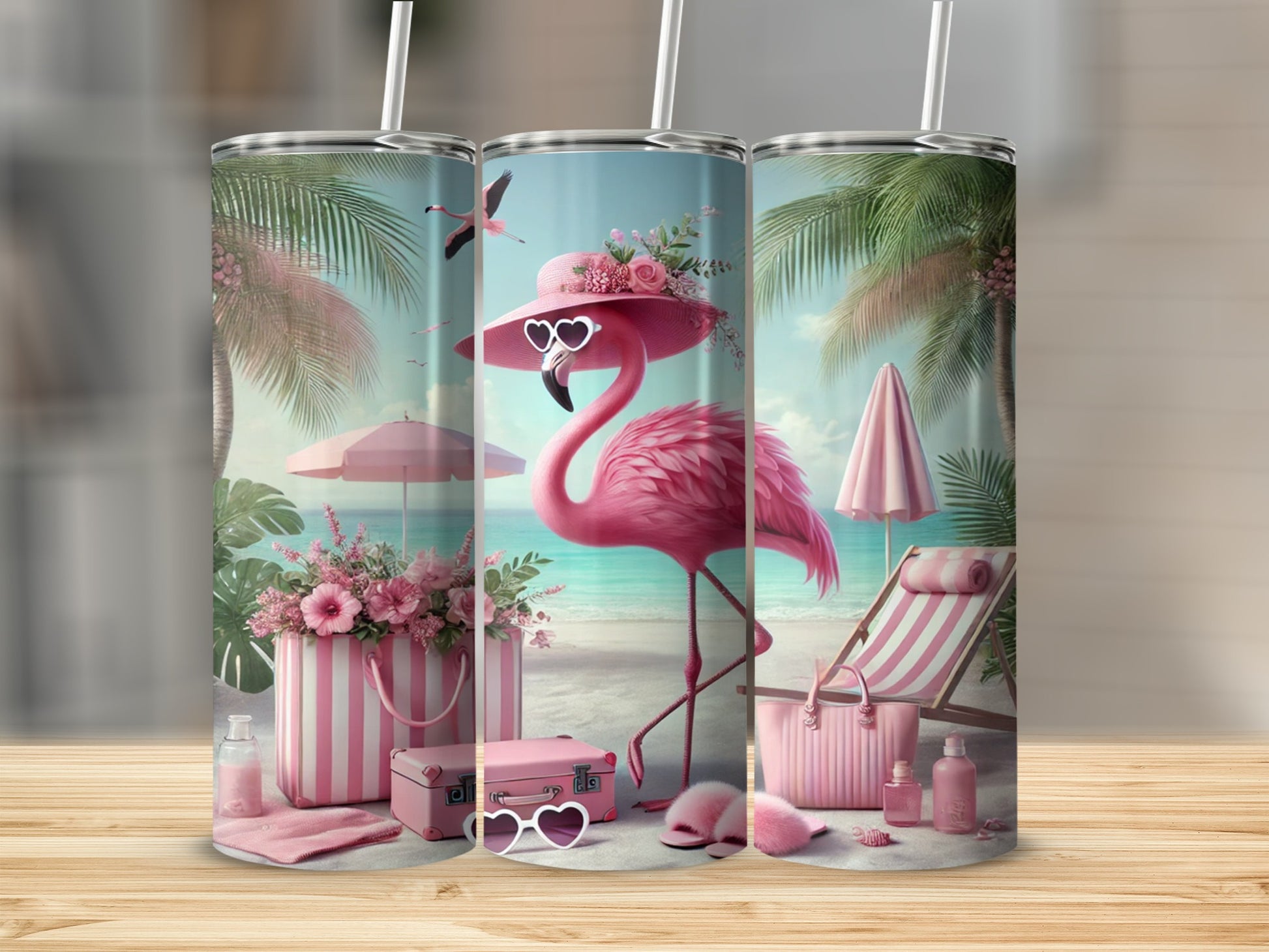 Tropical Flamingo Beach Scene Tumbler product