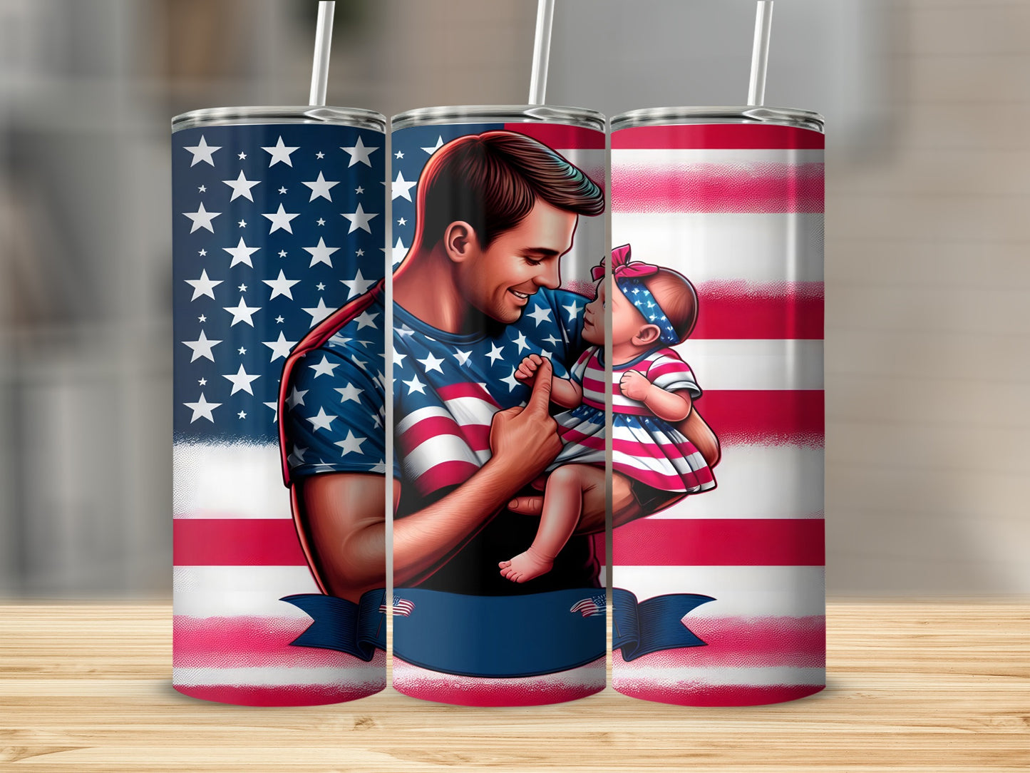 Father and baby in patriotic shirts against American flag background.
