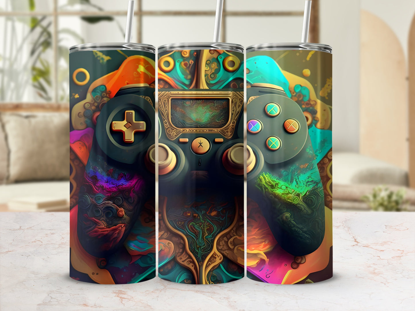 Triptych of tumblers with colorful, abstract gaming controller designs.