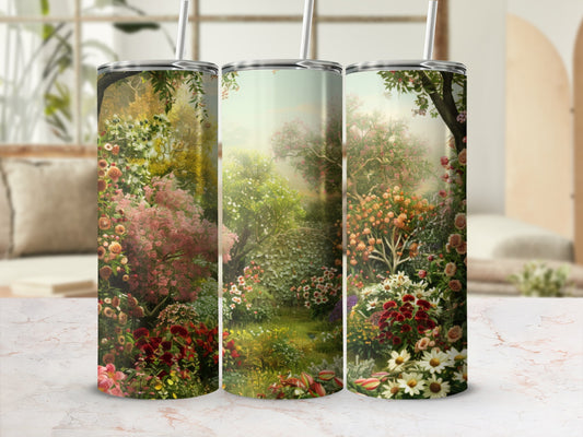 Garden scene with vibrant flowers and trees on a tumbler.