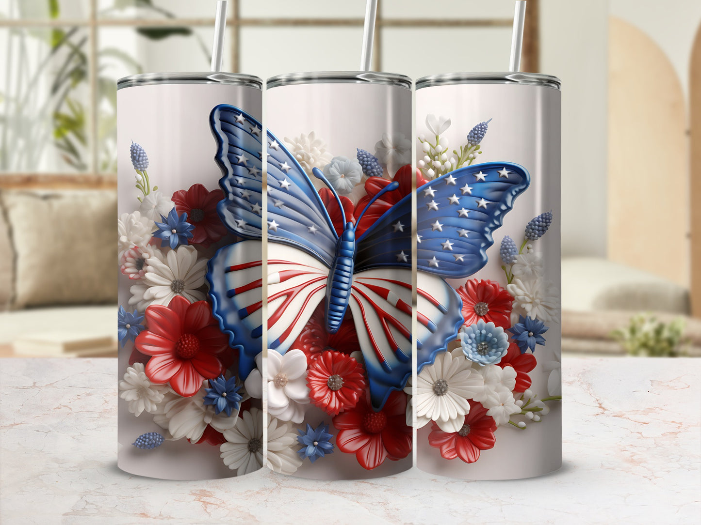 Three tumblers featuring a patriotic butterfly and floral design.