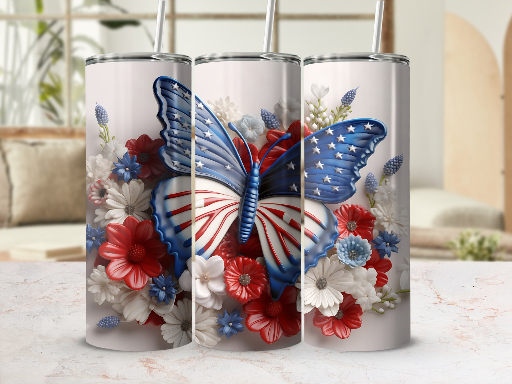 Three tumblers featuring a patriotic butterfly and floral design.