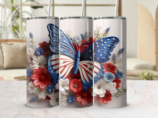 Three tumblers featuring a patriotic butterfly and floral design.