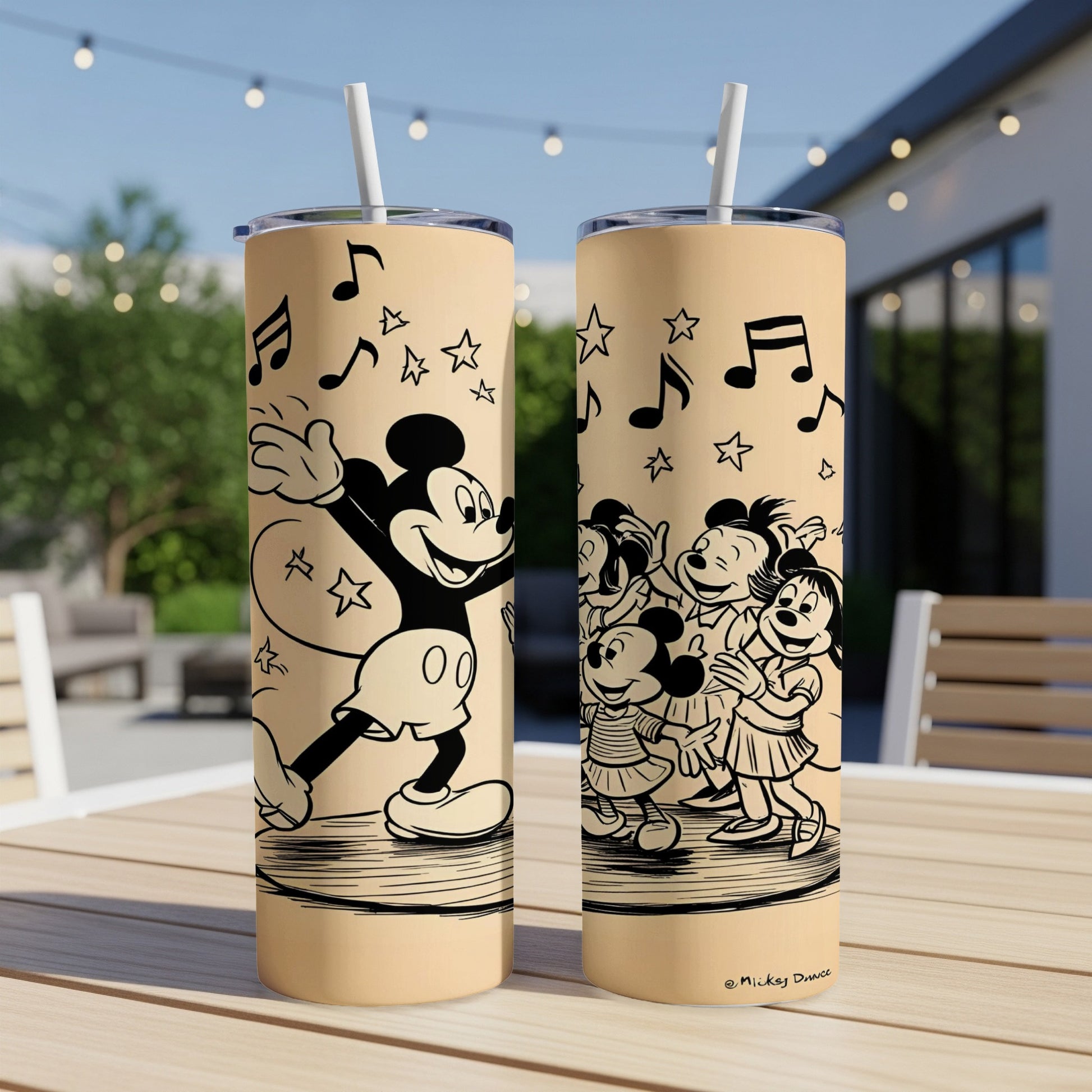 Mickey Mouse and friends dancing with musical notes and stars.