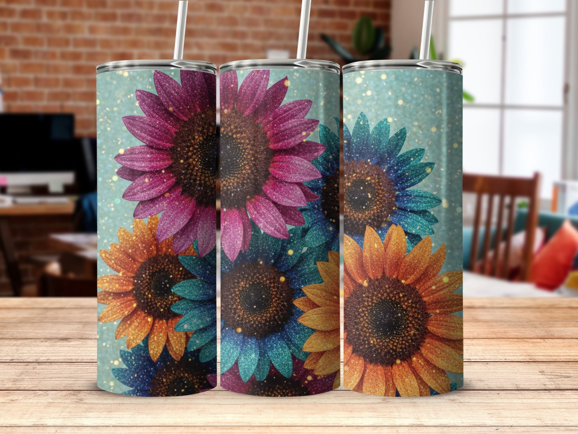 Glittery Sunflower Design Tumblers Set Modern Decor