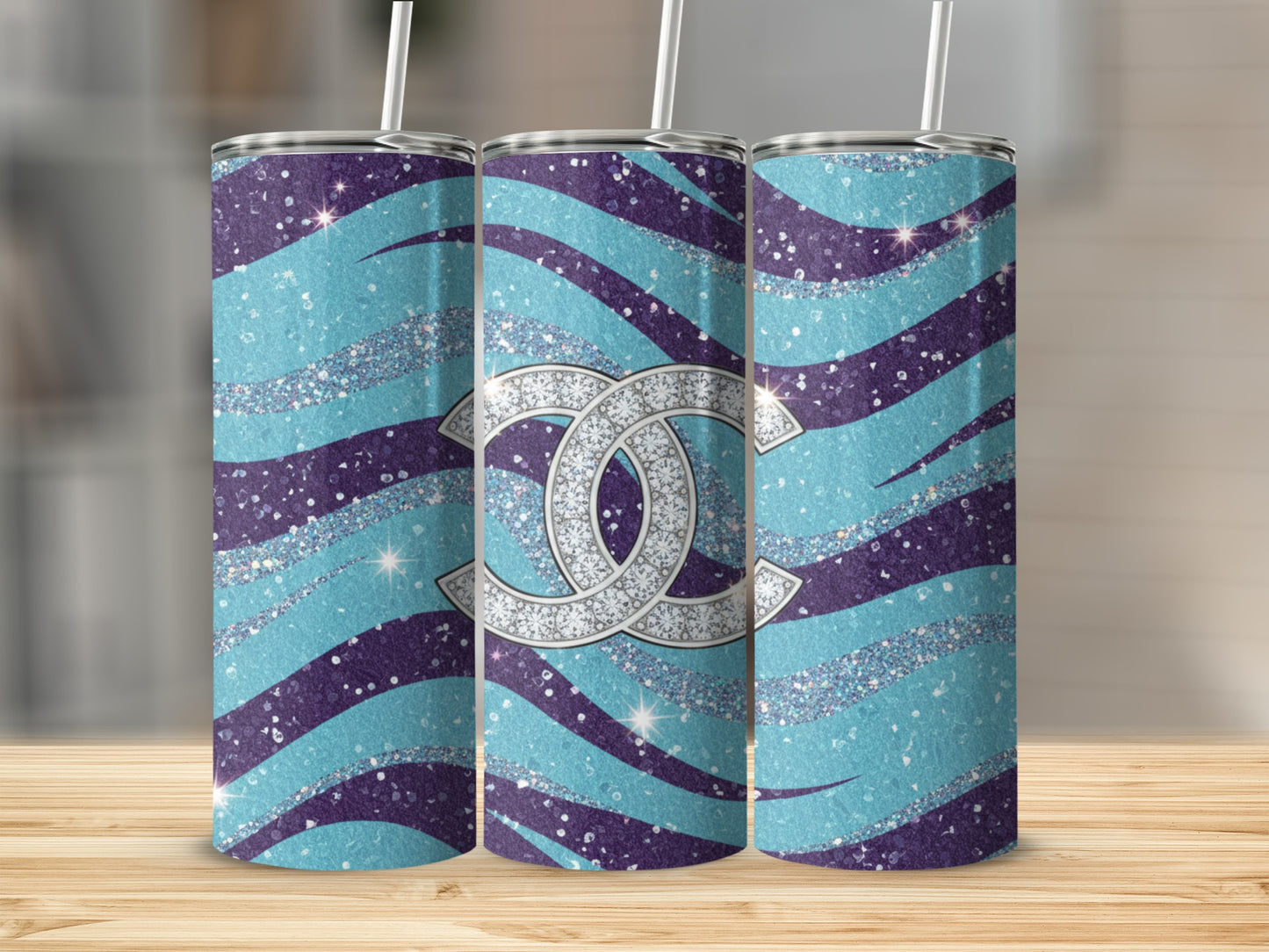 Diamond Logo over Aqua Purple Waves Sparkle Design Tumbler