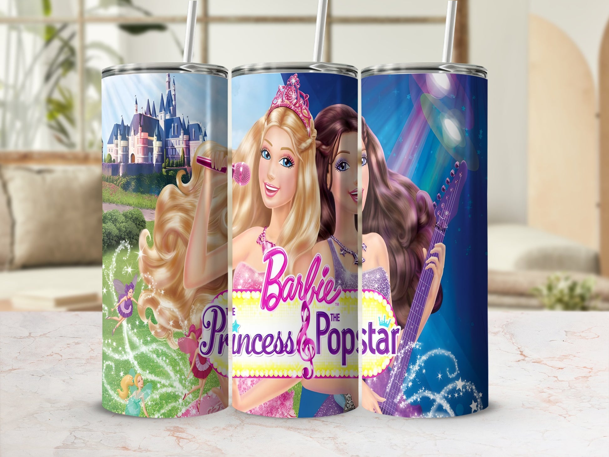 Three Barbie Princess Popstar tumblers featuring Barbie and fairy princesses.