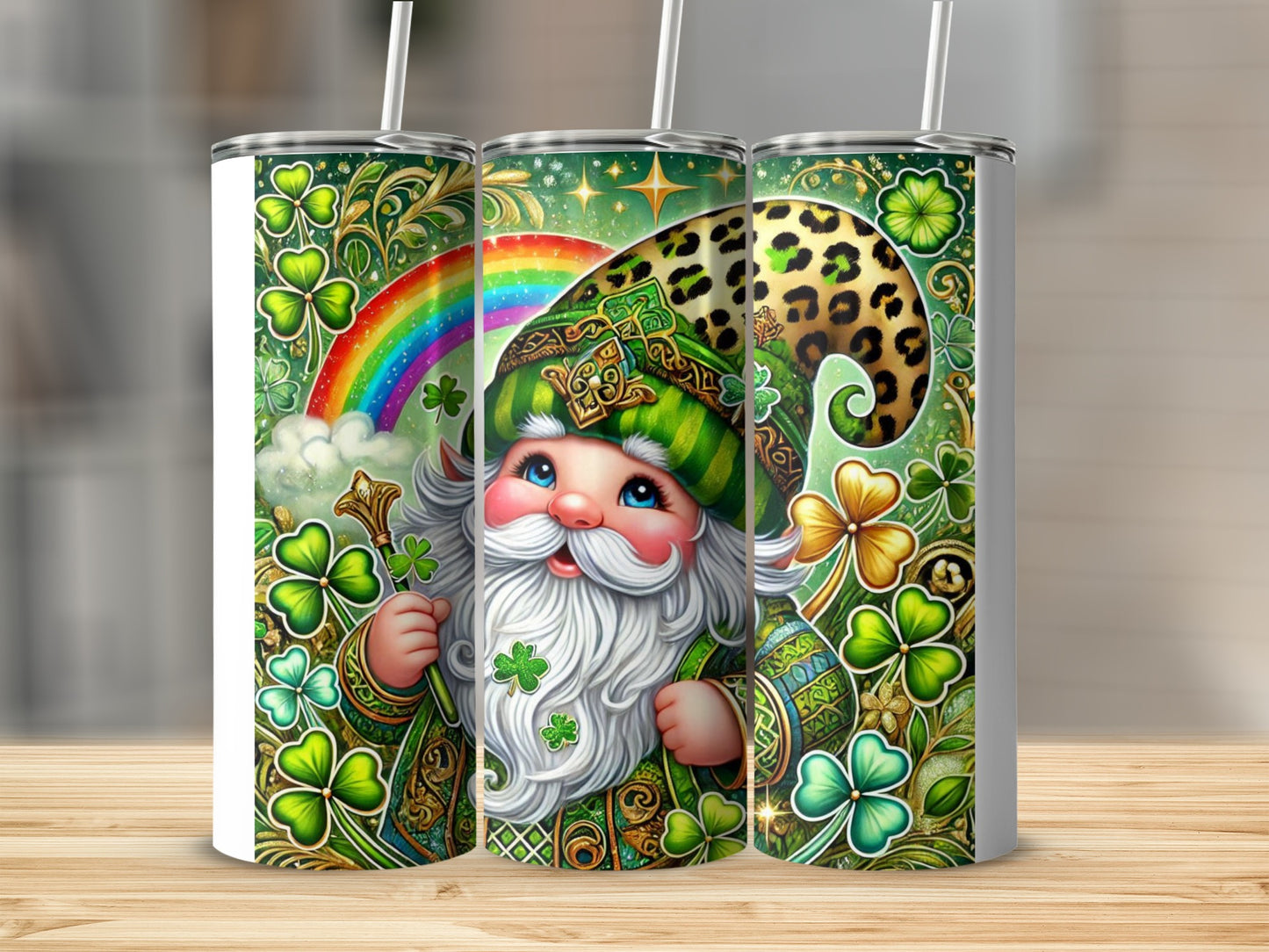 Leprechaun with rainbow and shamrocks on a cylindrical tumbler.