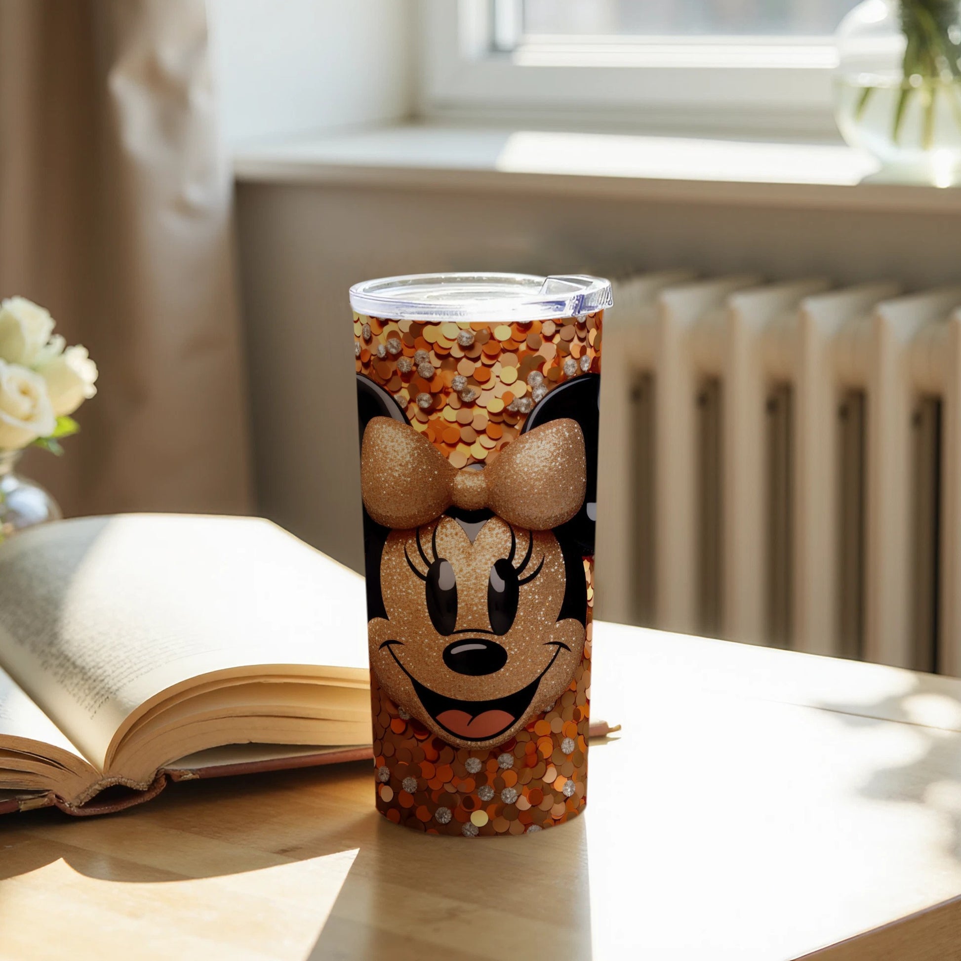 Elegant Glitter Minnie Mouse Tumbler Cup with Golden Bow
