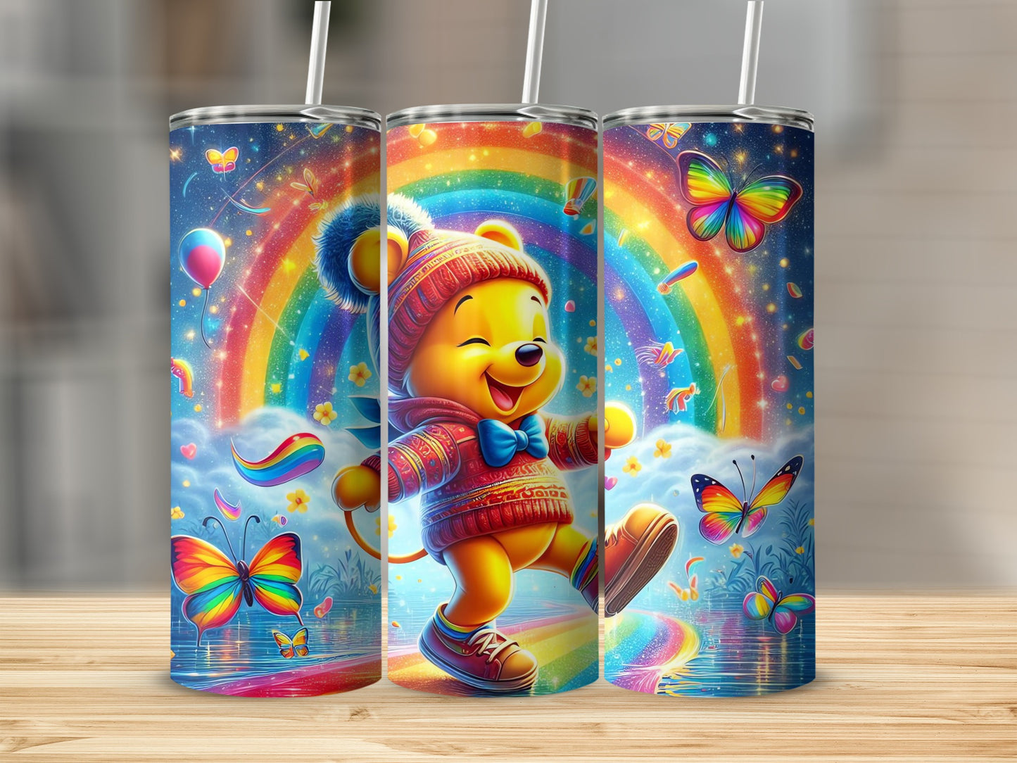 Colorful Bear with Rainbow and Butterflies Design Tumblers