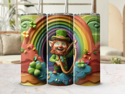 Leprechaun playing harp on cloud with rainbow and shamrocks.