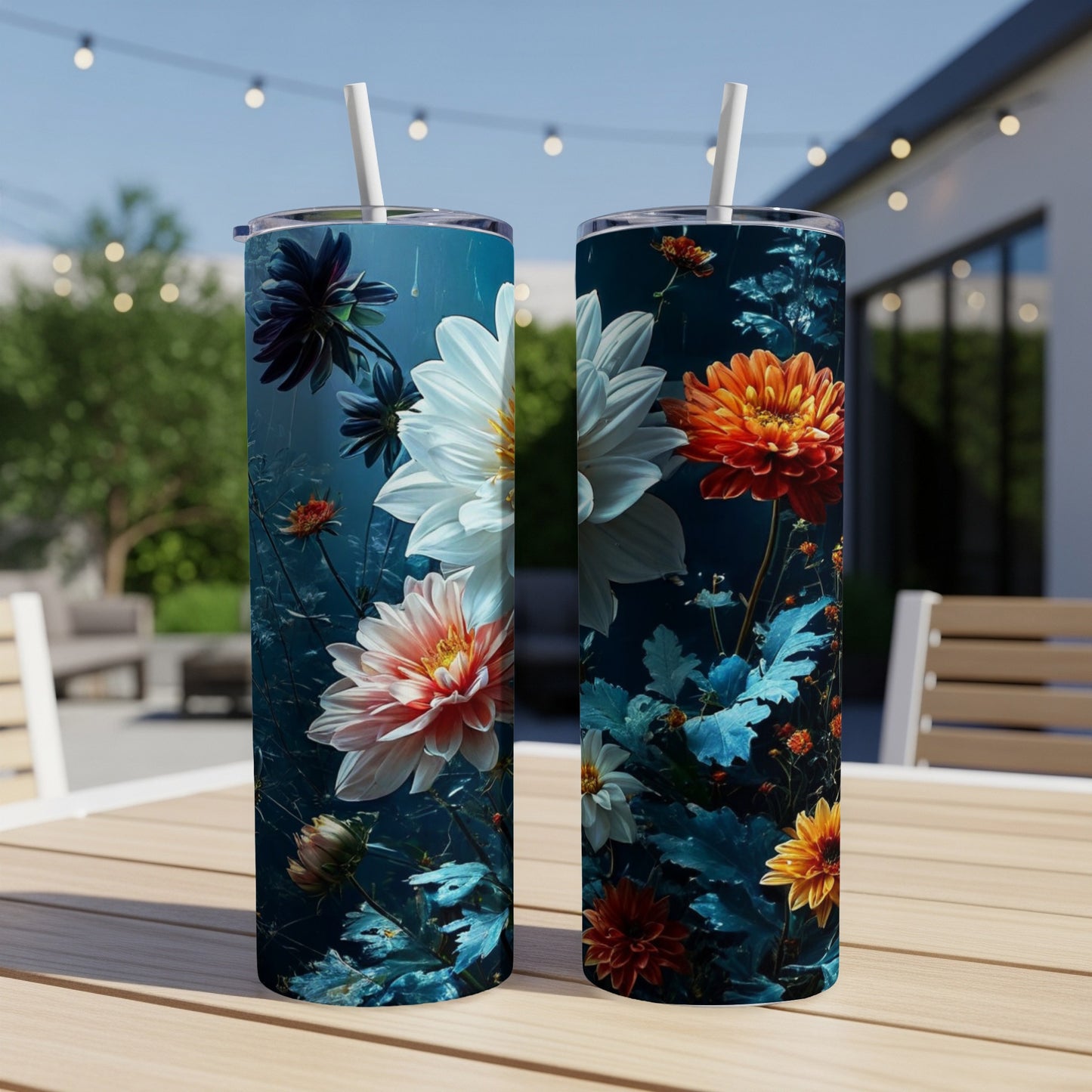 Two tumblers with vibrant floral designs displayed outdoors on a table.