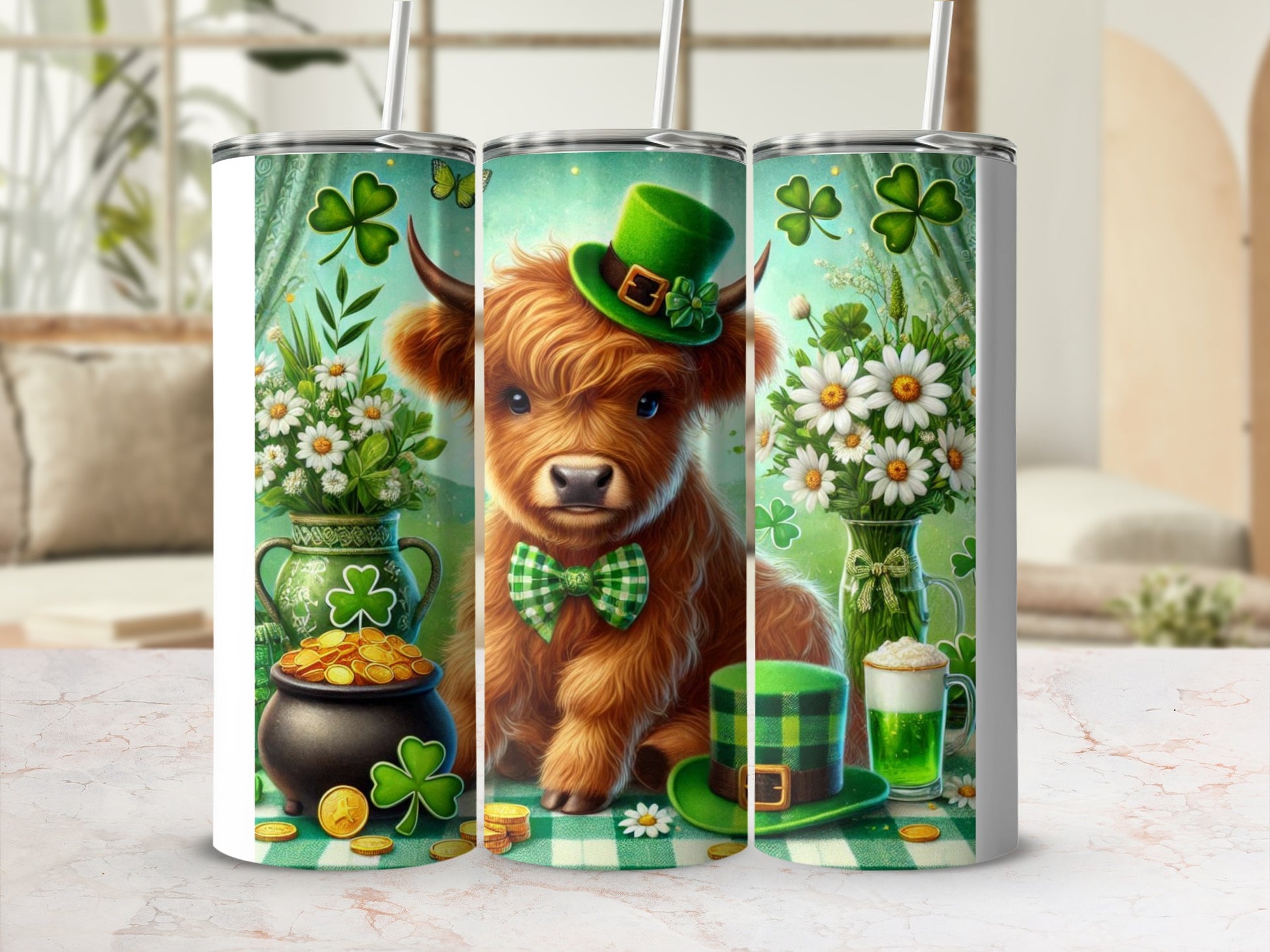 Highland cow wearing St. Patrick's Day hat and bow tie.