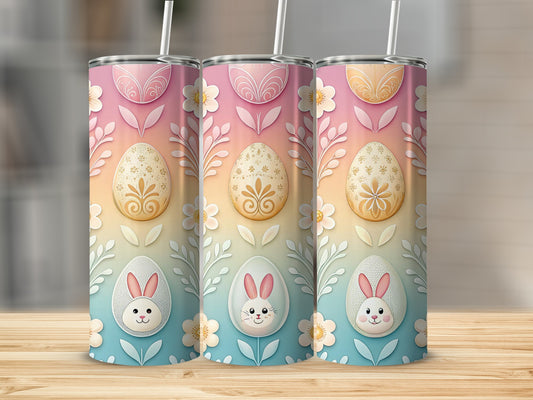Easter-themed tumbler with bunnies, flowers, and colorful eggs.