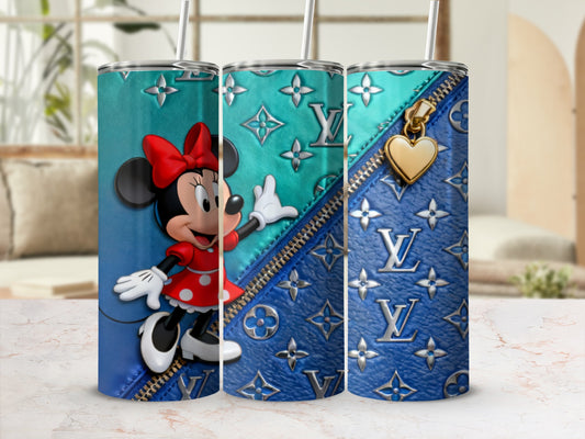 Minnie Mouse on a blue and teal textured cylindrical tumbler with LV pattern.
