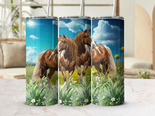 Three horses in a field of wildflowers under a bright blue sky.