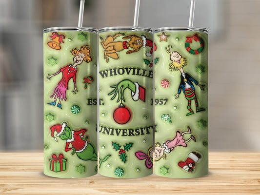 Whoville University EST 1957 Grinch Patterned Tumbler