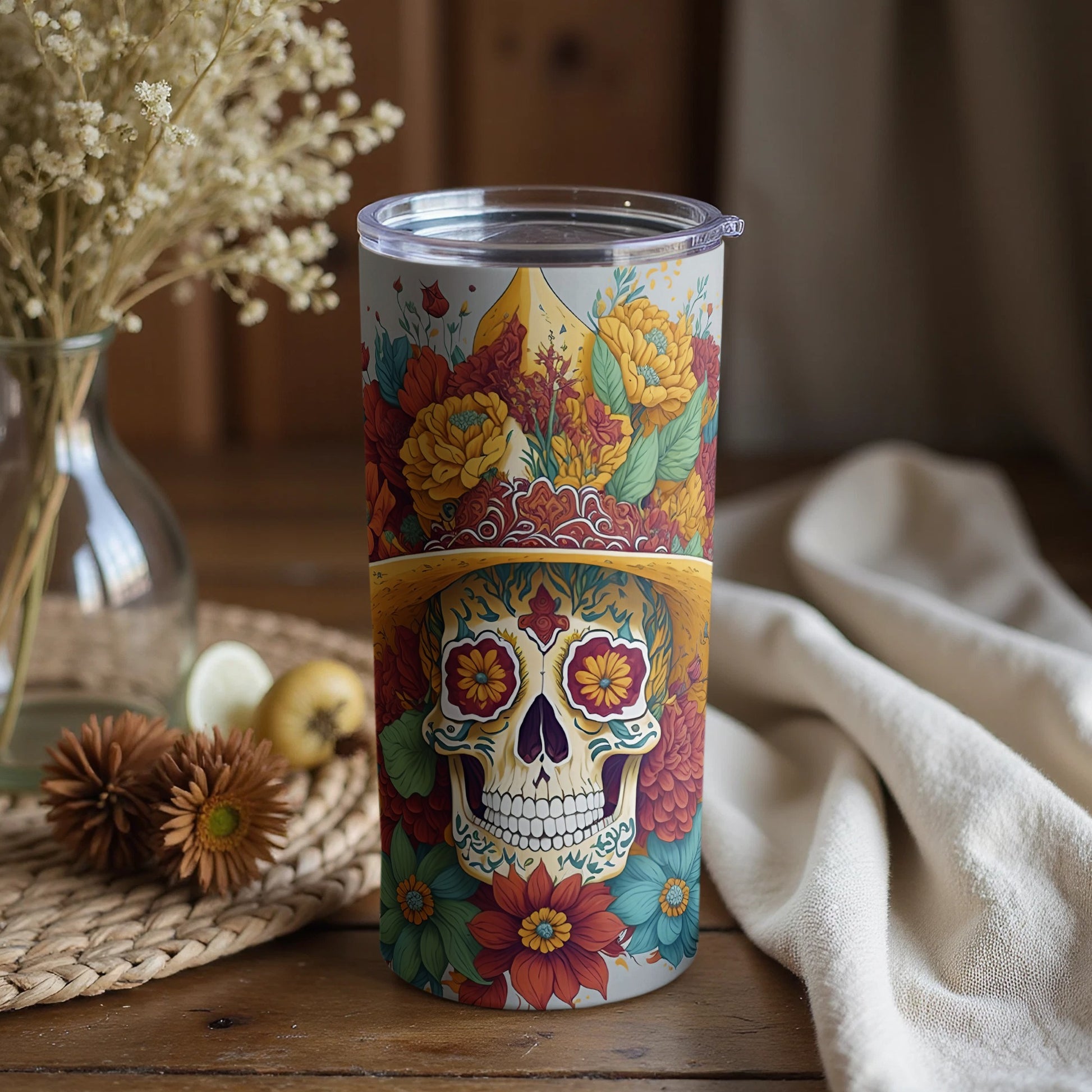 Vivid Sugar Skull Tumbler with Floral Pattern