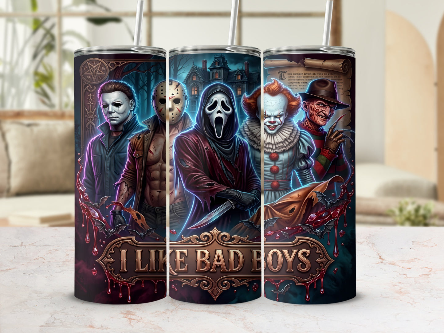 Tumblers with horror villains and "I LIKE BAD BOYS" text.