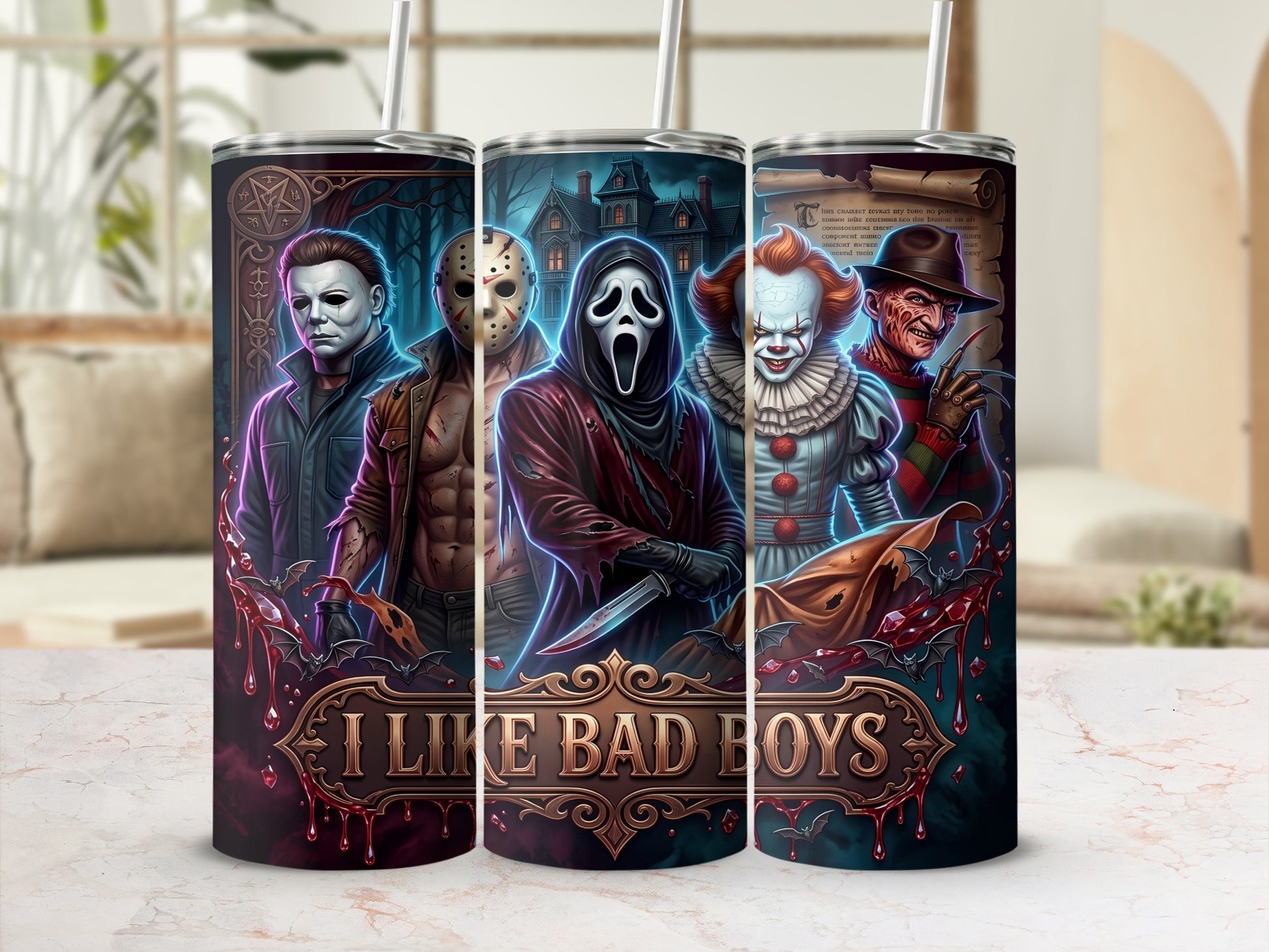 Tumblers with horror villains and "I LIKE BAD BOYS" text.