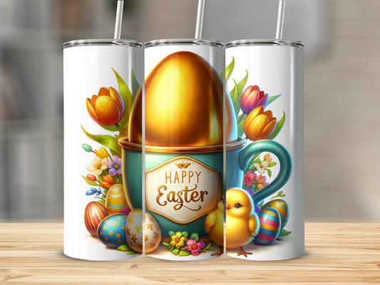 Easter egg and chick in a coffee mug with tulips and patterned eggs.