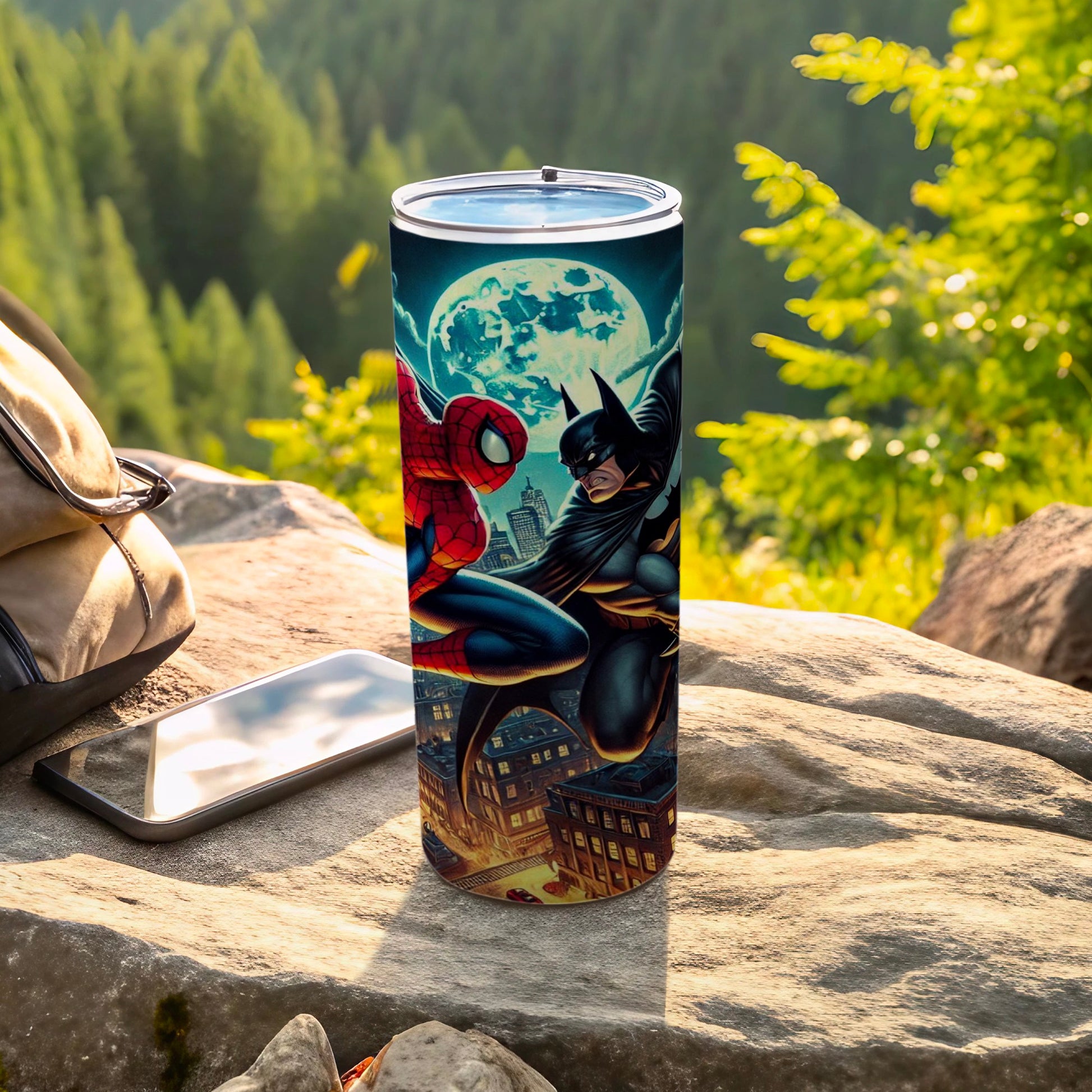 Spiderman and Batman Cityscape Tumbler with Night Sky