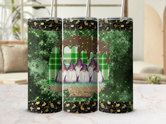 Three green tumblers with purple gnomes and chocolate drizzle design.