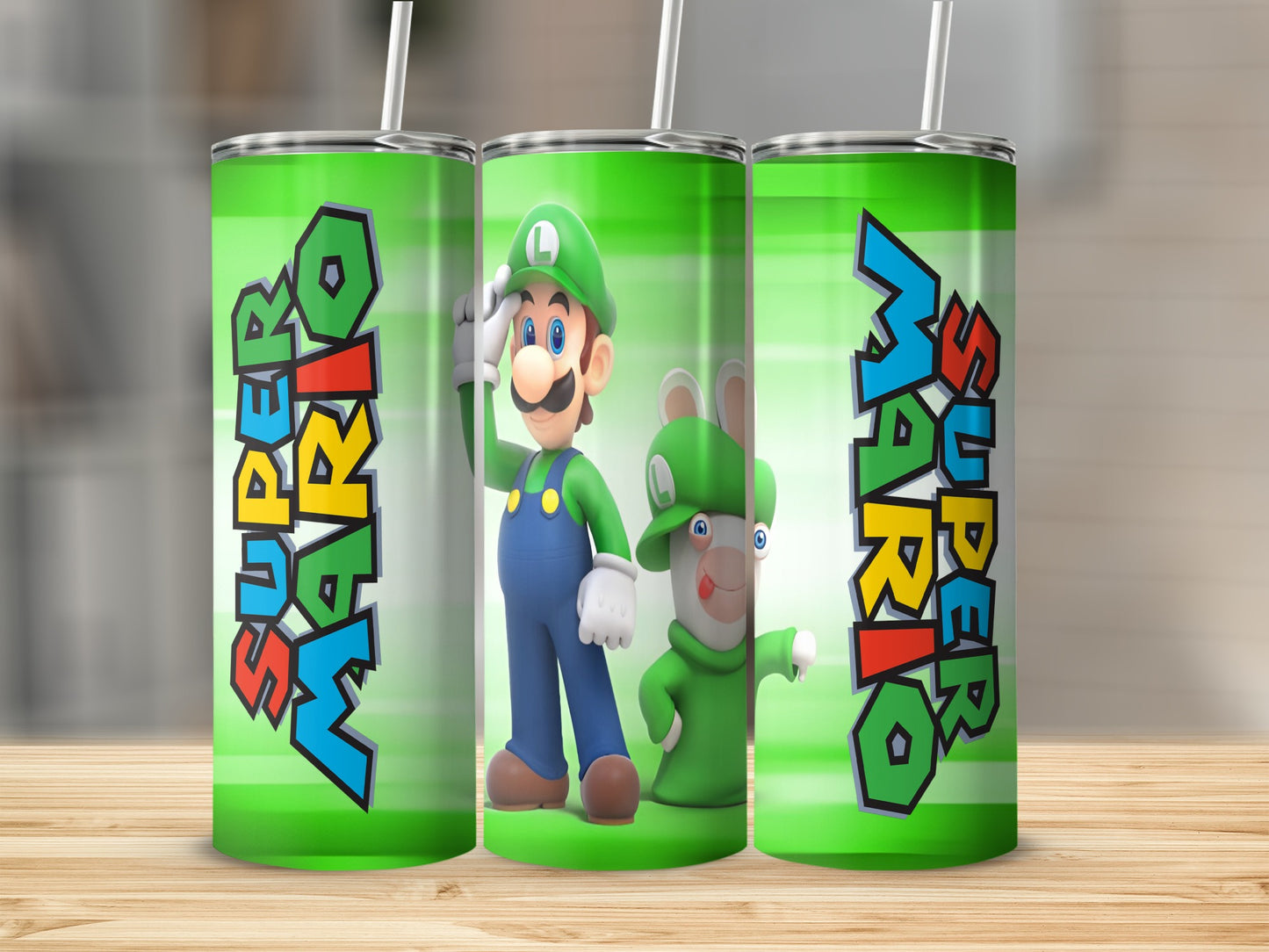 Three green tumblers with Super Mario characters and text.