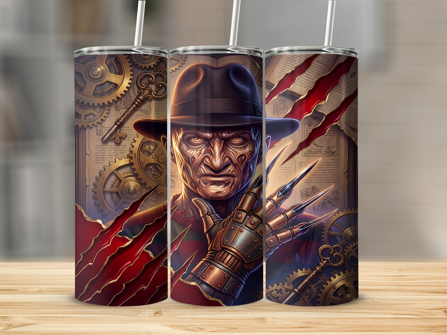 Three tumblers with Freddy Krueger design, gears, and keys.
