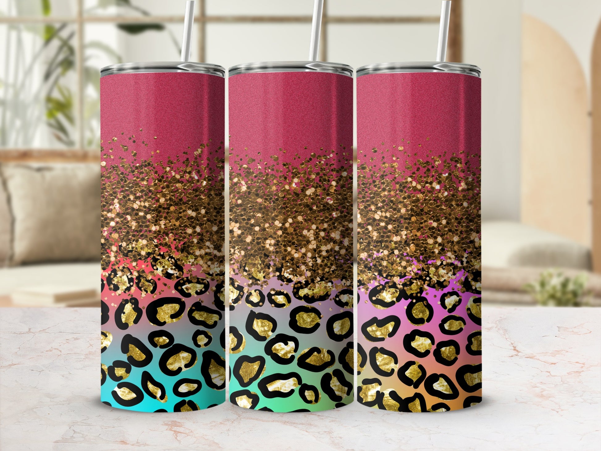 Glitter Leopard Print Tumbler with Straw Beverage Cup