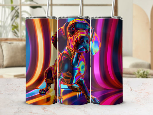 Shiny iridescent dog sculpture on colorful wavy background.