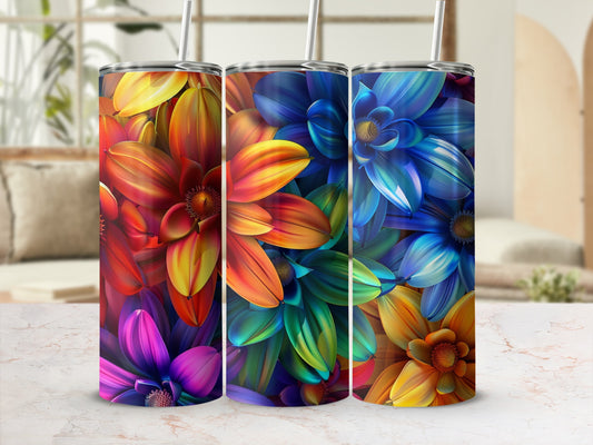 Three colorful floral tumblers with vibrant red, blue, and purple designs.