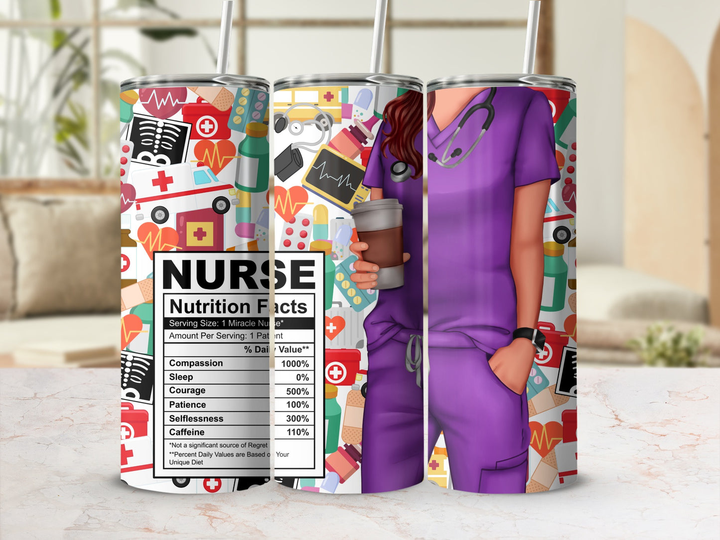 Tumbler with "Nurse Nutrition Facts" label, featuring medical icons and a nurse illustration.