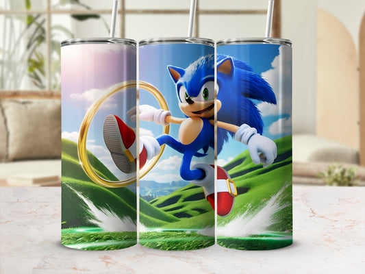Sonic the Hedgehog running through a green landscape with a golden ring.