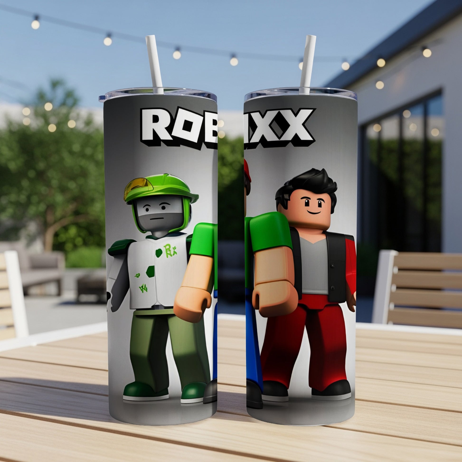 Roblox characters on two tumblers with straws, outdoors.