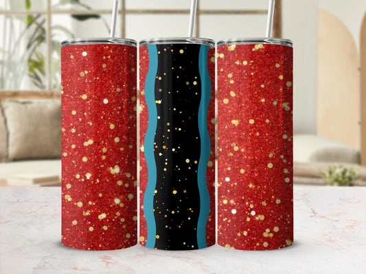 Three glittery red tumblers with gold and blue wavy designs.