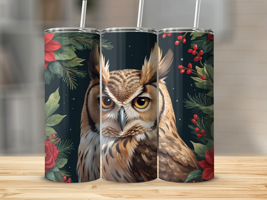 Triptych of a great horned owl surrounded by poinsettias and pine branches.