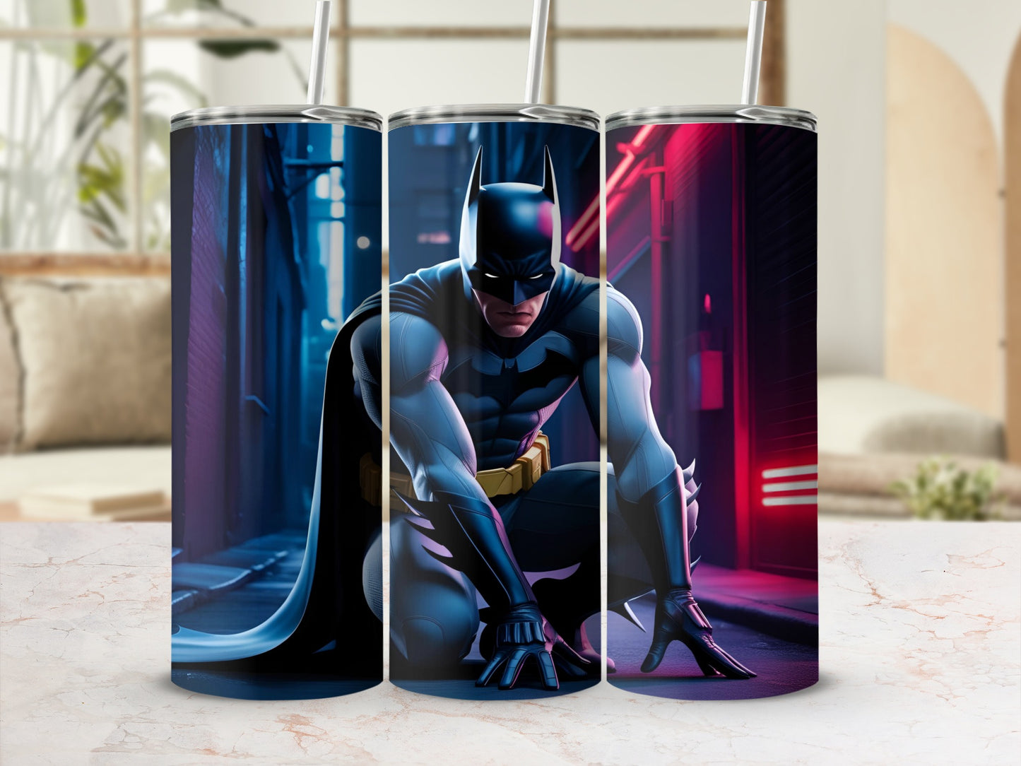 Batman crouches in a neon-lit alleyway on a cylindrical tumbler.
