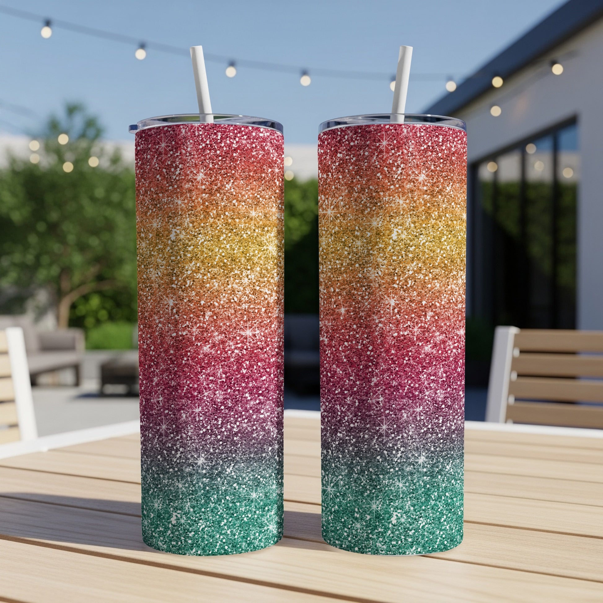 Two glitter tumblers with straw, displaying a gradient from red to green.