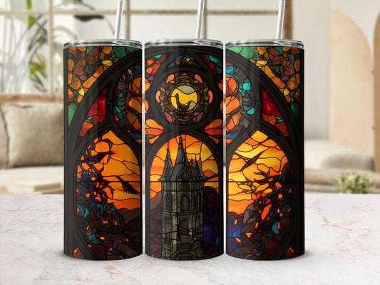 Three tumblers with a stained-glass castle and birds design.