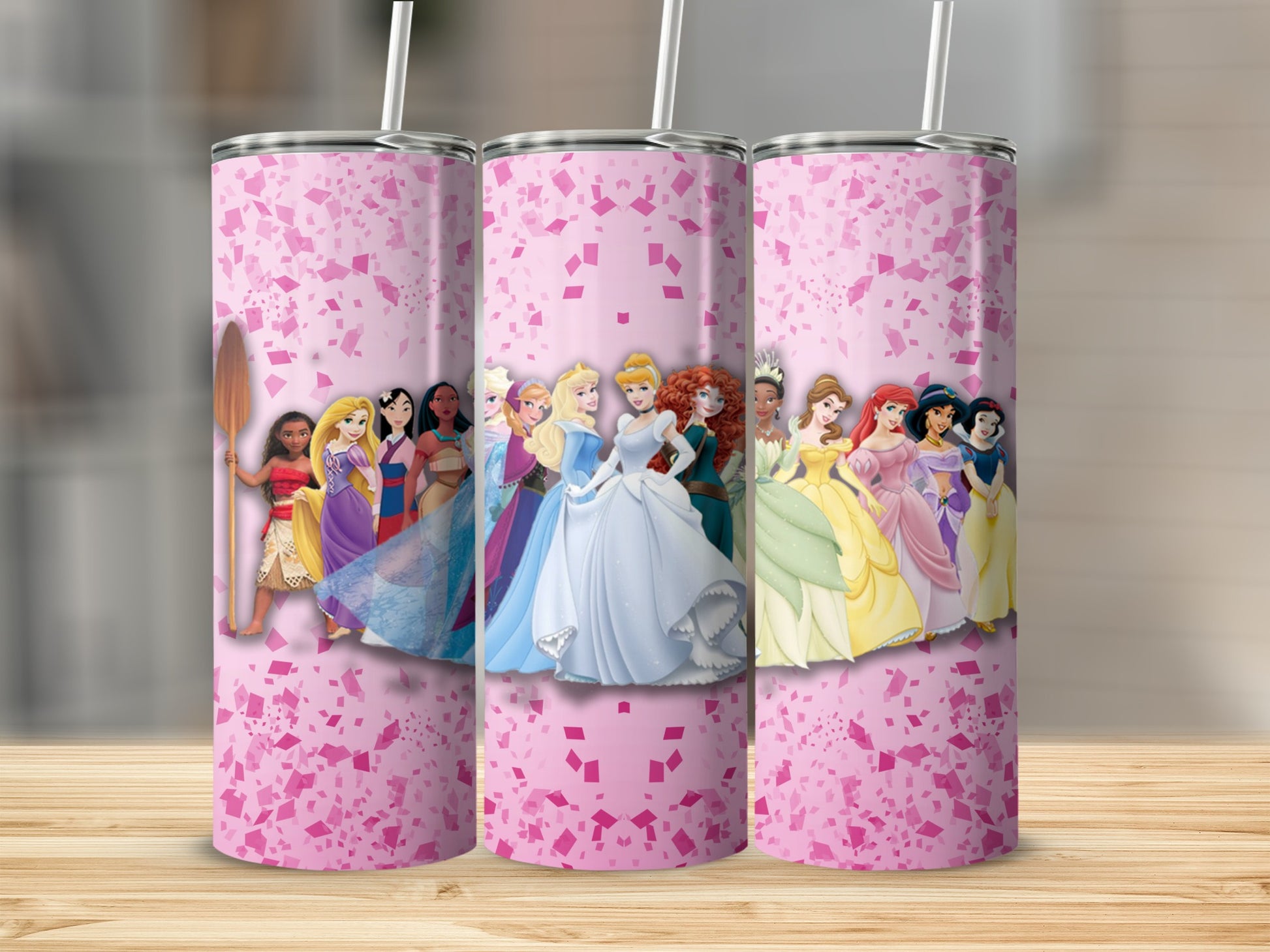 Princess Characters on Pink Tumbler Cup with Straw