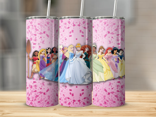 Princess Characters on Pink Tumbler Cup with Straw